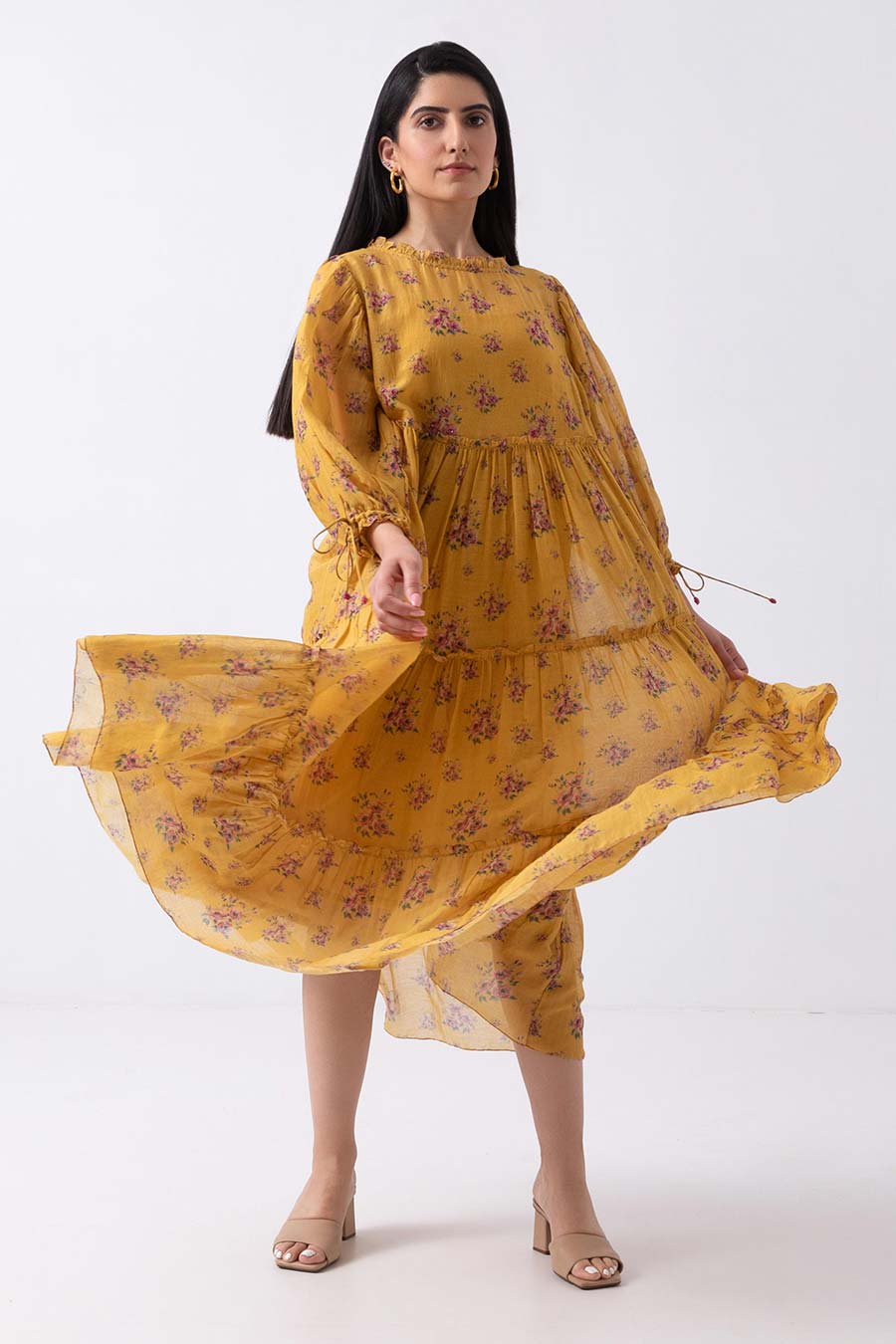 Yellow Rose Print Tiered Dress