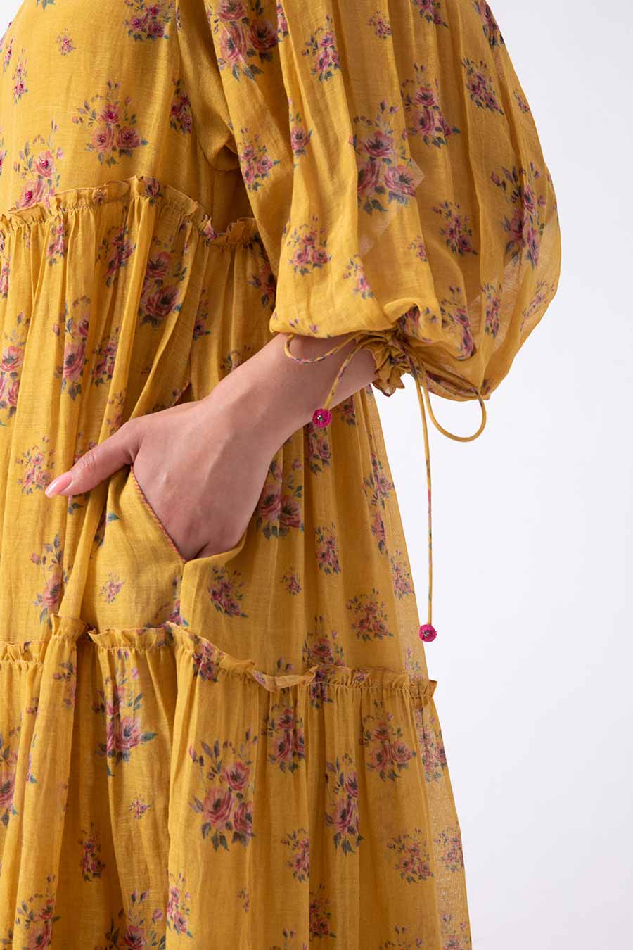 Yellow Rose Print Tiered Dress