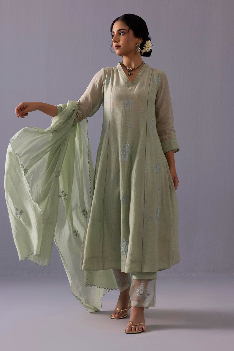 Anju Green Chanderi Embroidered Kurta Set