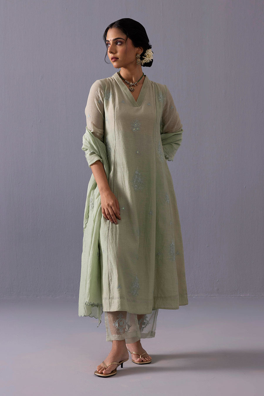Anju Green Chanderi Embroidered Kurta Set