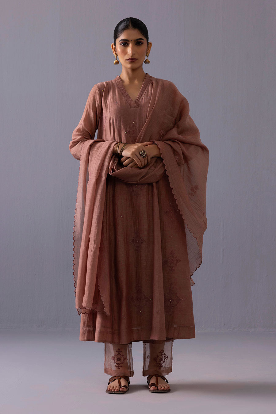 Anju Brown Chanderi Embroidered Kurta Set