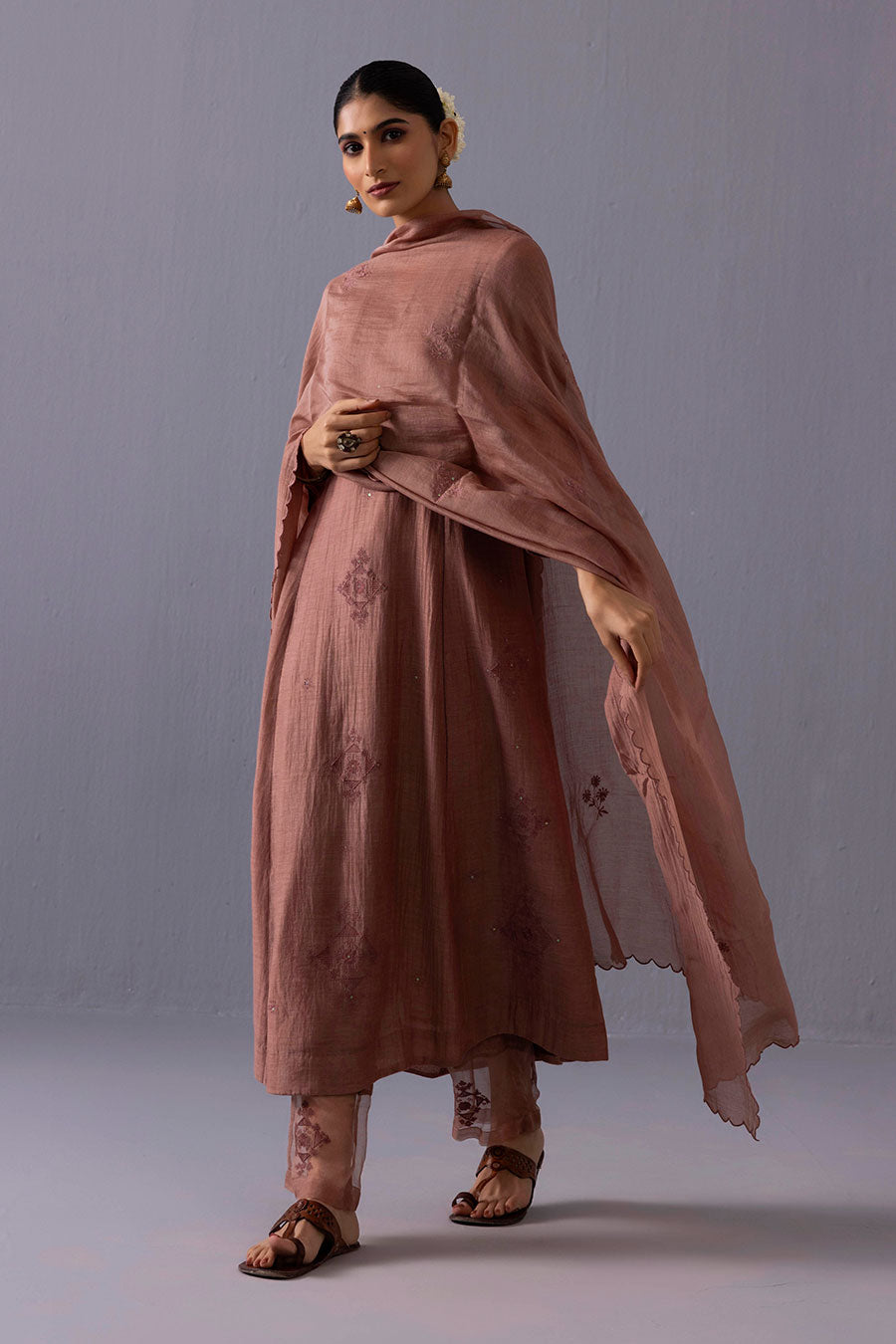 Anju Brown Chanderi Embroidered Kurta Set