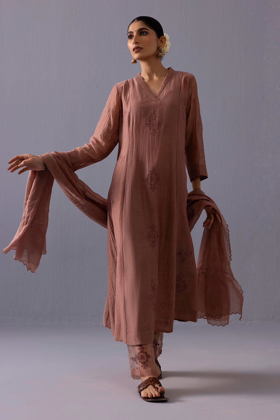 Anju Brown Chanderi Embroidered Kurta Set