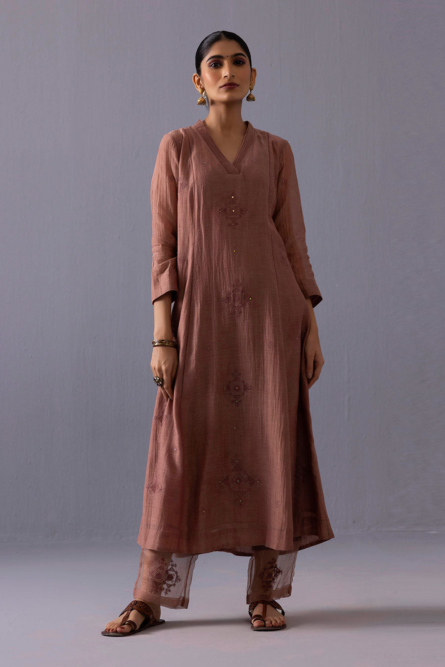 Anju Brown Chanderi Embroidered Kurta Set