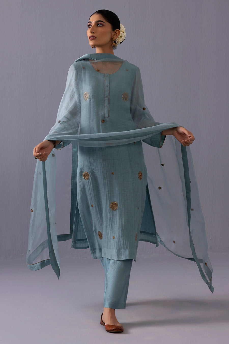 Malti Blue Chanderi Embroidered Kurta Set