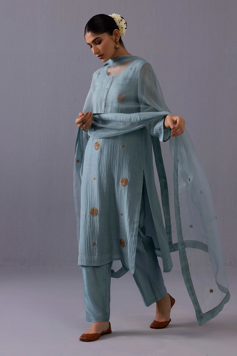 Malti Blue Chanderi Embroidered Kurta Set