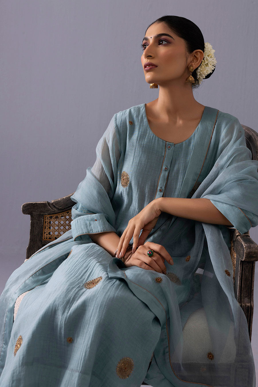 Malti Blue Chanderi Embroidered Kurta Set