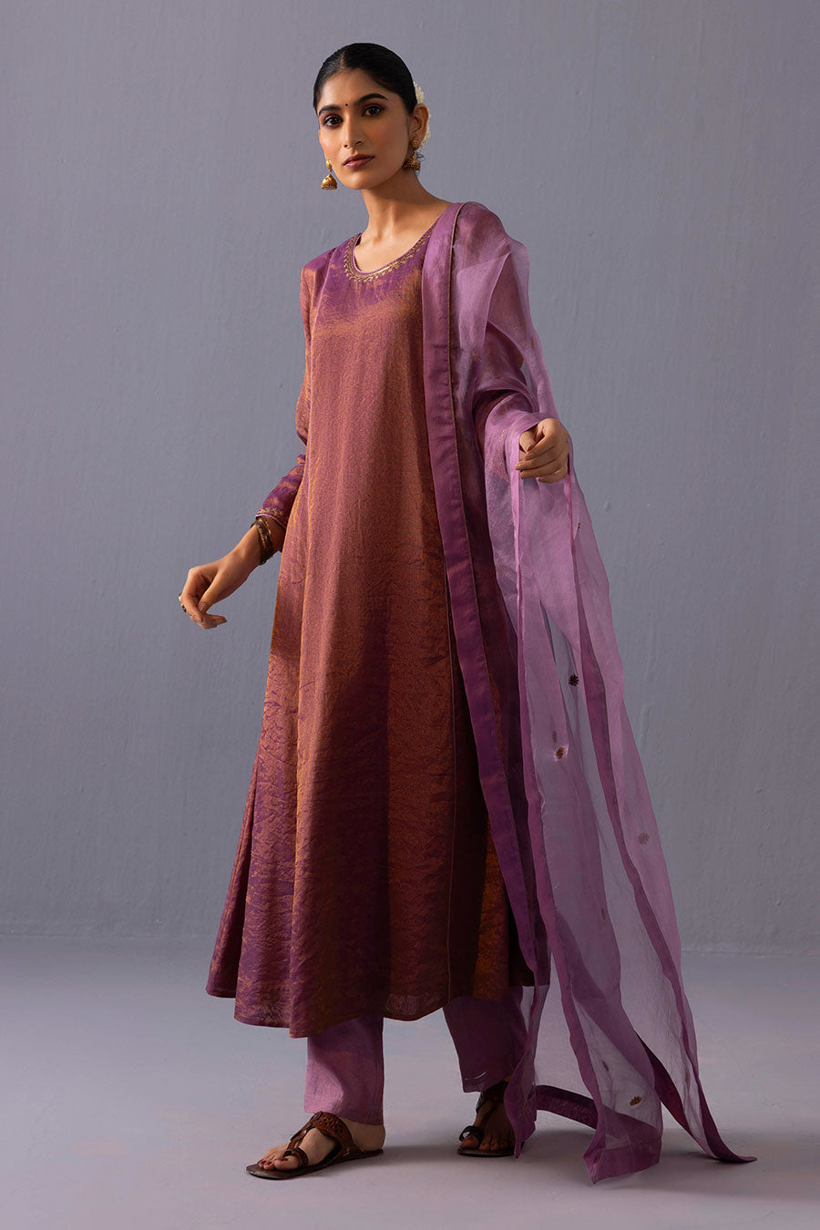 Himani Purple Tissue Embroidered Kurta Set