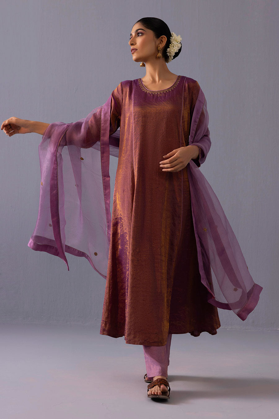 Himani Purple Tissue Embroidered Kurta Set