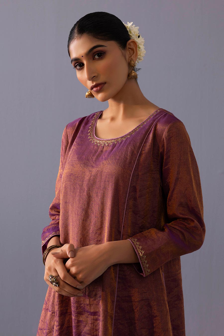 Himani Purple Tissue Embroidered Kurta Set