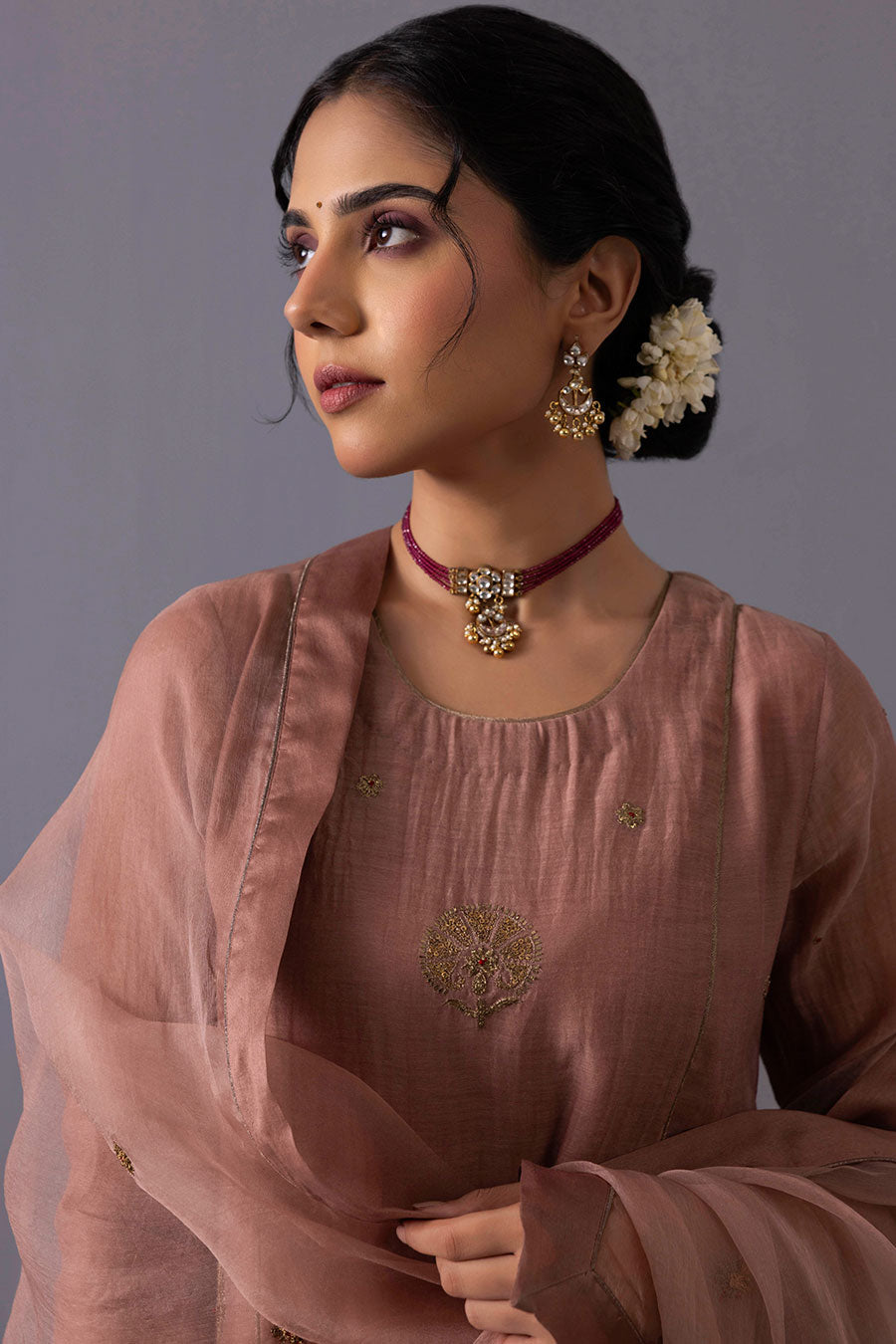 Noor Beige Chanderi Embroidered Kurta Set