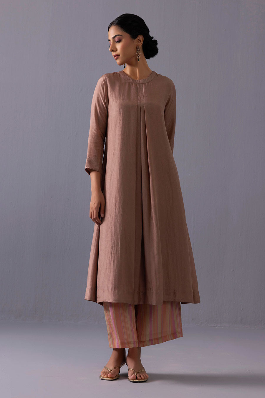 Maya Brown Silk Kurta and Printed Pants Set