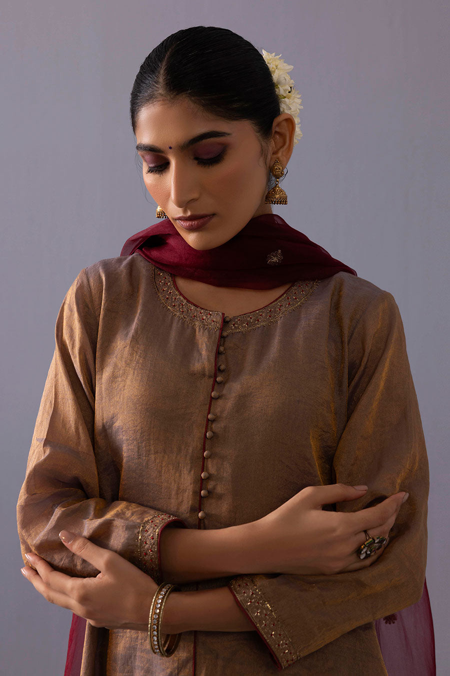 Rashmi Grey Tissue Embroidered Kurta Set