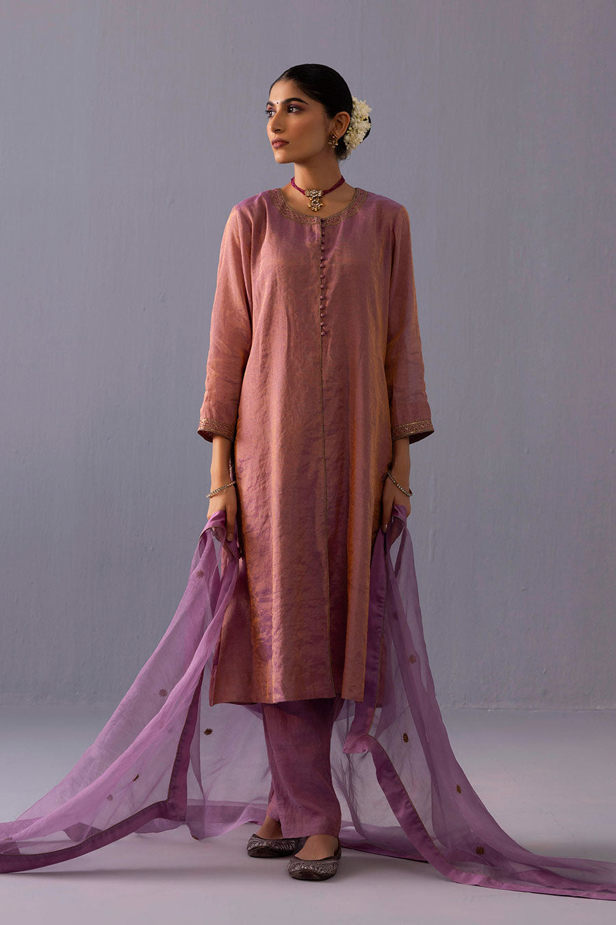 Rashmi Pink Tissue Embroidered Kurta Set