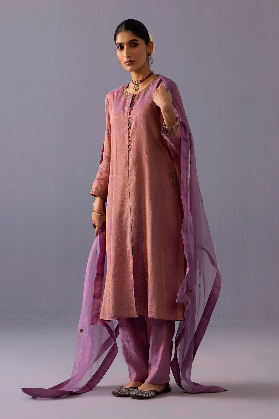 Rashmi Pink Tissue Embroidered Kurta Set