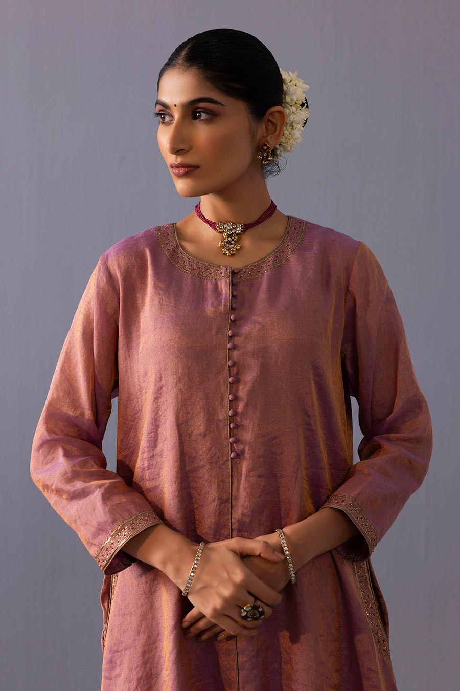 Rashmi Pink Tissue Embroidered Kurta Set