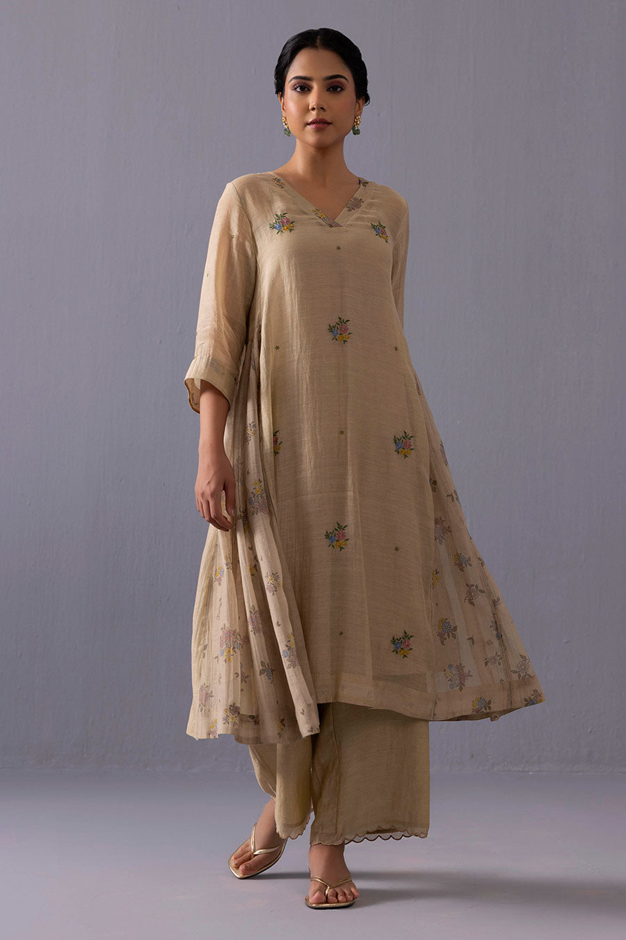 Sagarika Beige Chanderi Printed Kurta & Pant Set