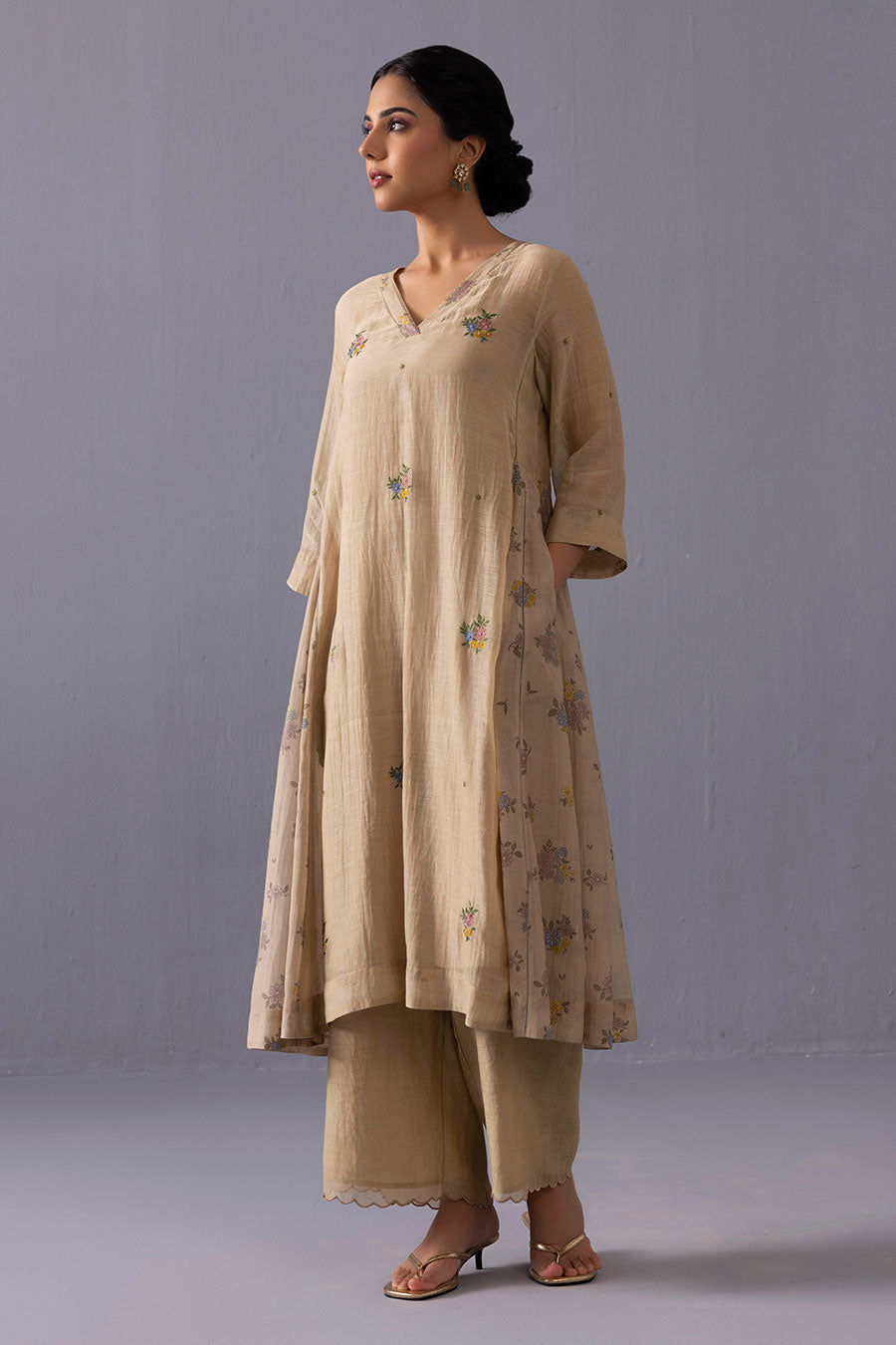 Sagarika Beige Chanderi Printed Kurta & Pant Set