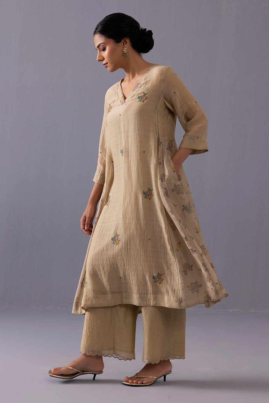 Sagarika Beige Chanderi Printed Kurta & Pant Set