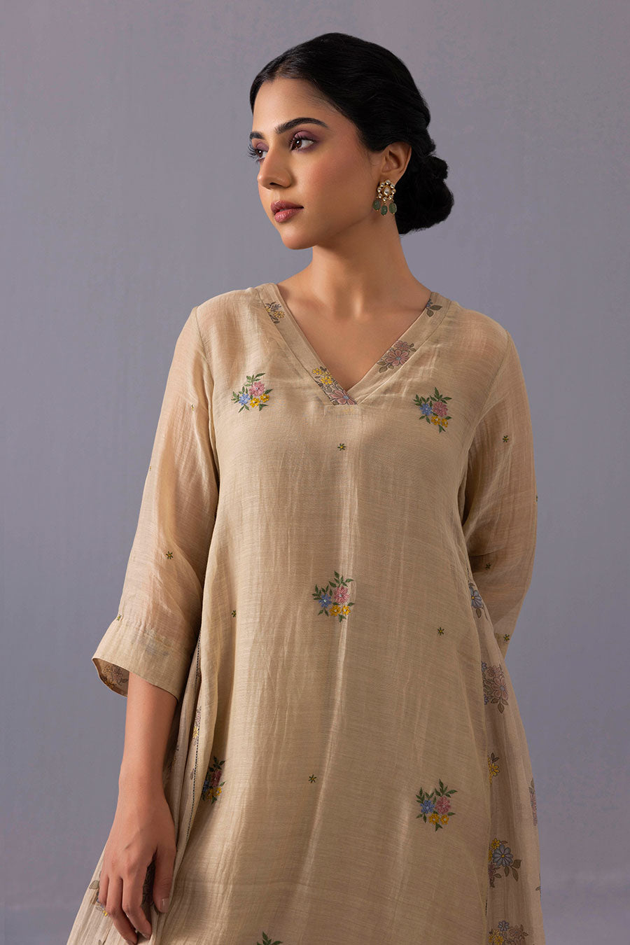 Sagarika Beige Chanderi Printed Kurta & Pant Set