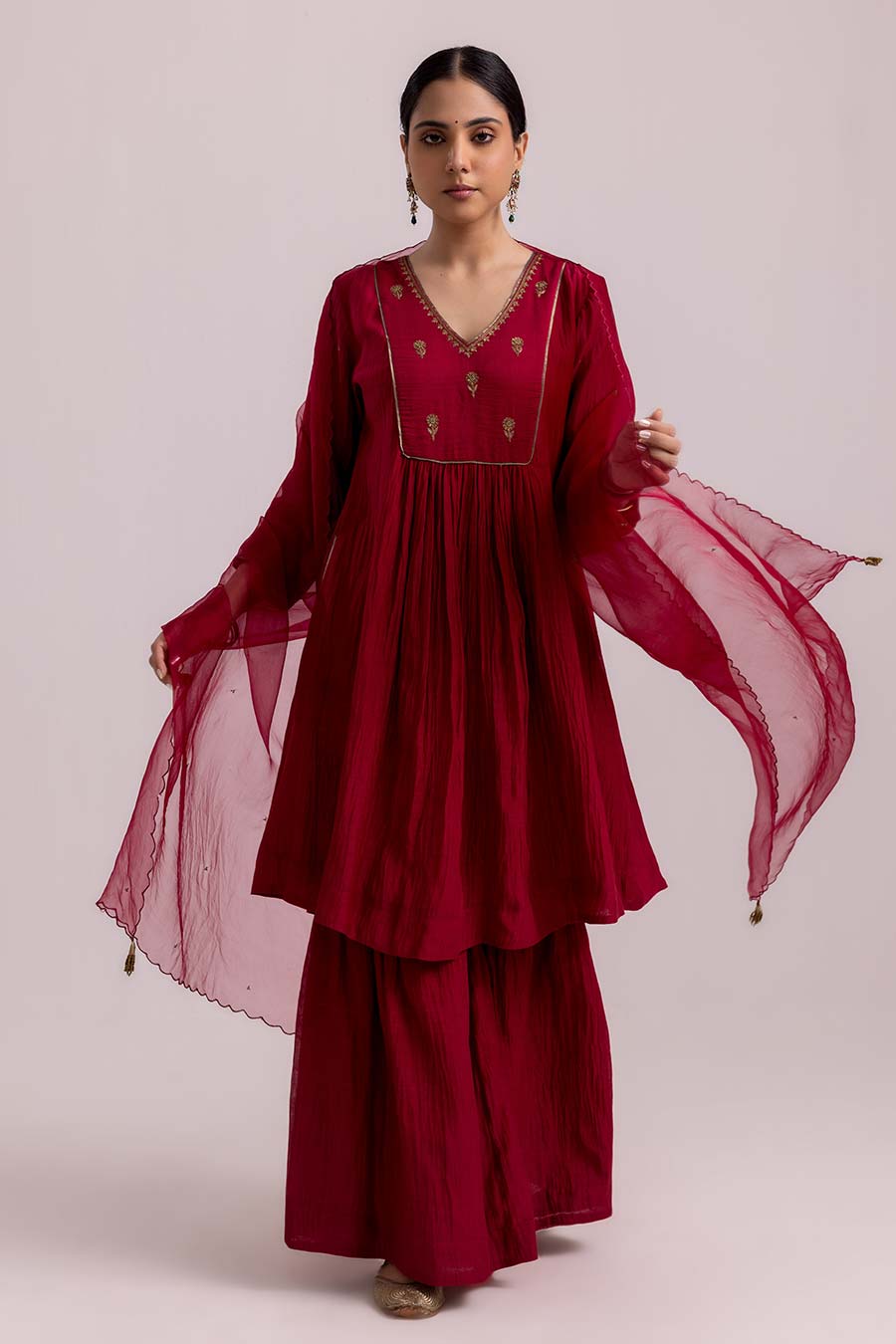Red Rimi Embroidered Sharara Set