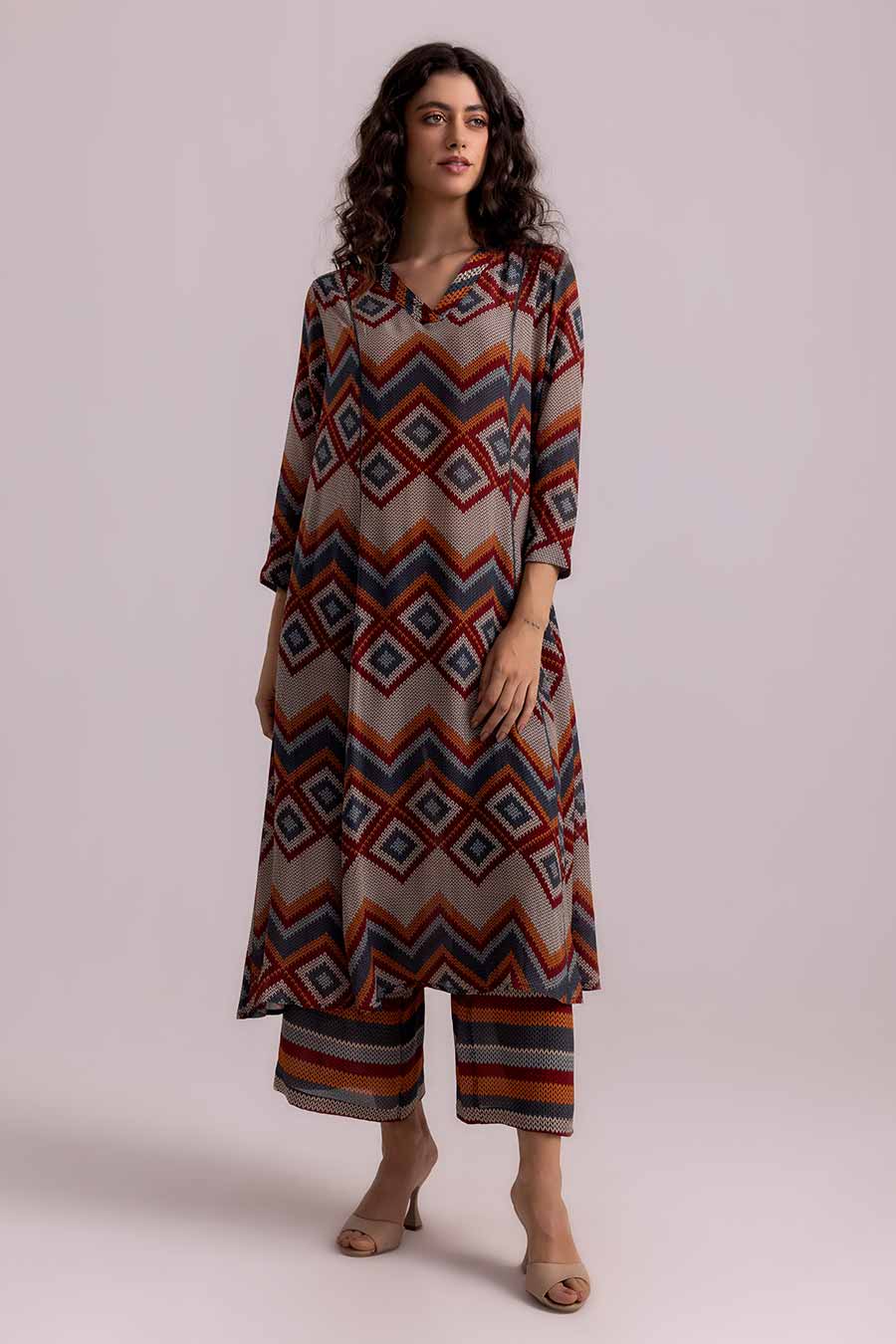 Beige Thea Aztec Printed Kurta & Pant Set