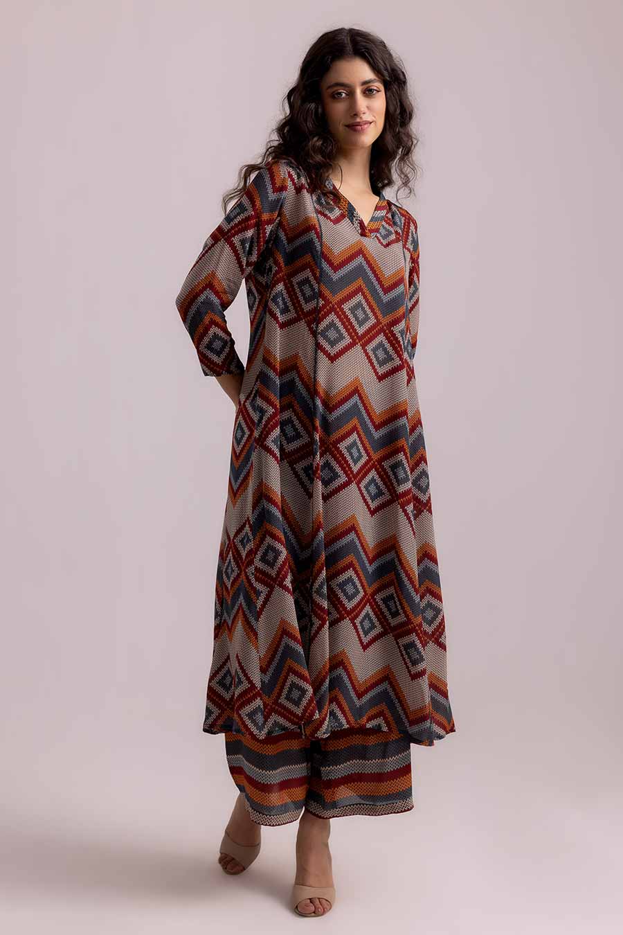 Beige Thea Aztec Printed Kurta & Pant Set