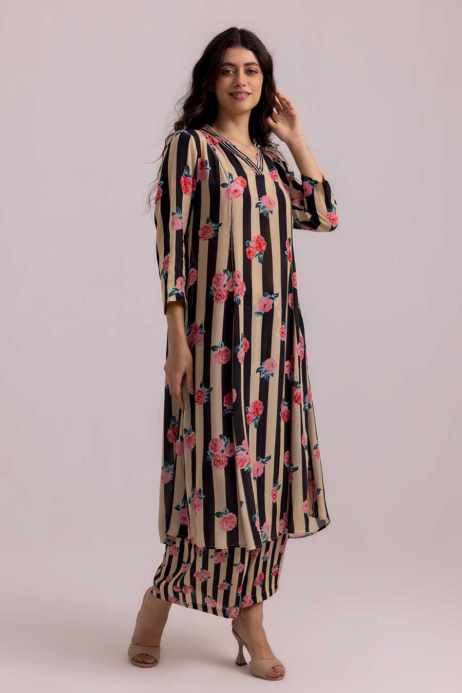 Black & Beige Thea Desert Rose Printed Kurta & Pant Set