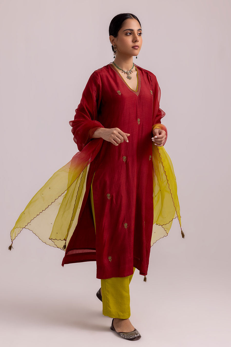 Red Veena Embroidered Kurta Set