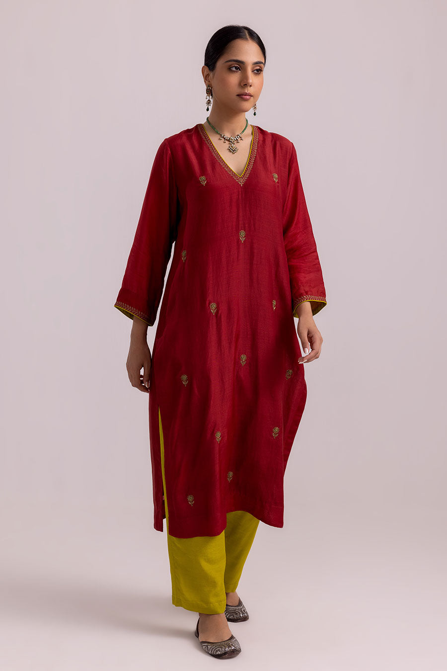 Red Veena Embroidered Kurta Set