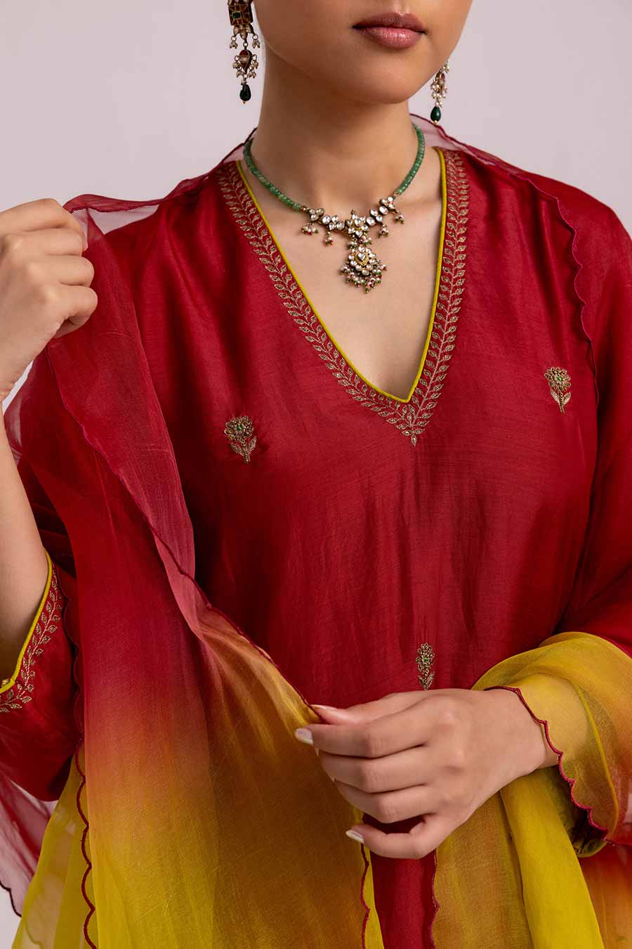 Red Veena Embroidered Kurta Set