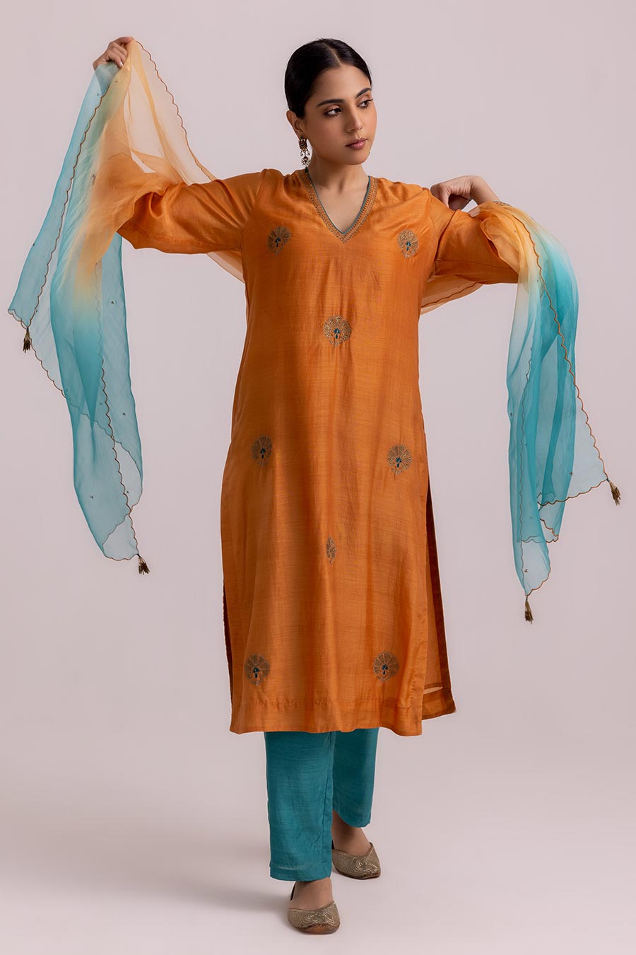 Orange Veena Embroidered Kurta Set