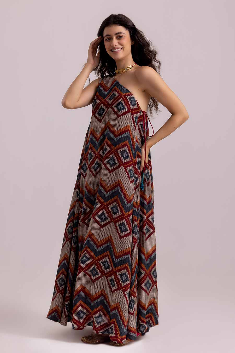 Beige Isabella Aztec Printed One-Shoulder Dress