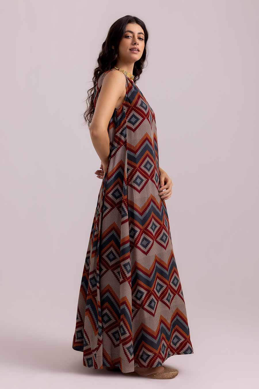 Beige Isabella Aztec Printed One-Shoulder Dress