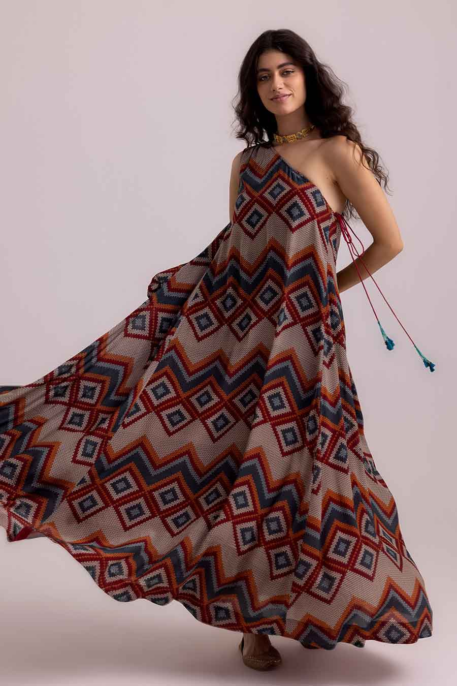 Beige Isabella Aztec Printed One-Shoulder Dress