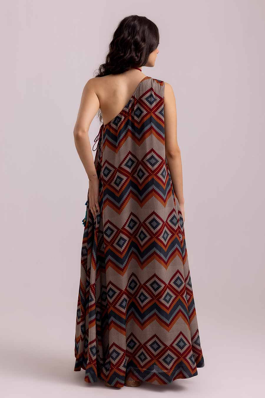 Beige Isabella Aztec Printed One-Shoulder Dress