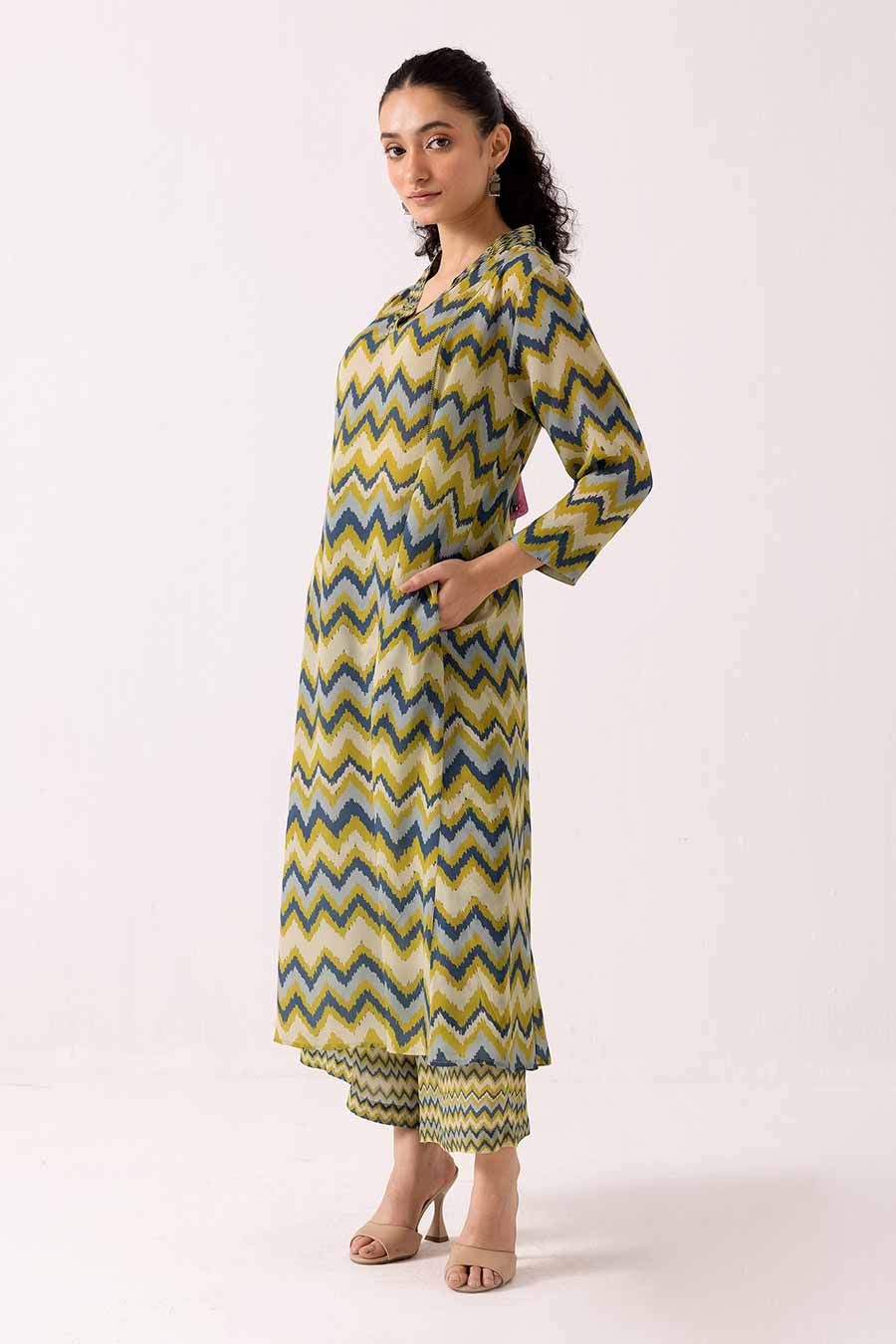 Green Zig-Zag Printed Kurta & Pant Set