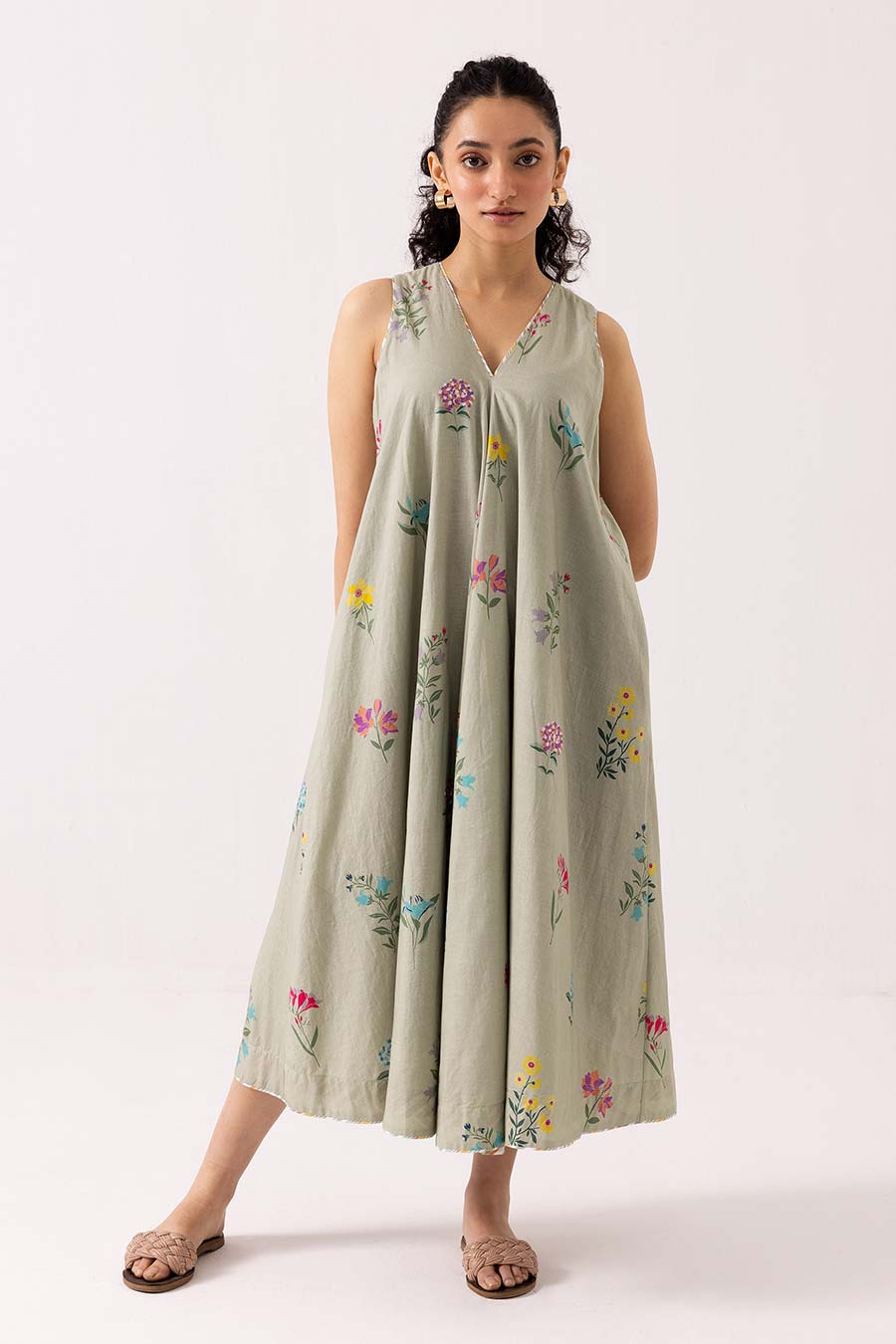 Sage Green Printed Orchid Dress