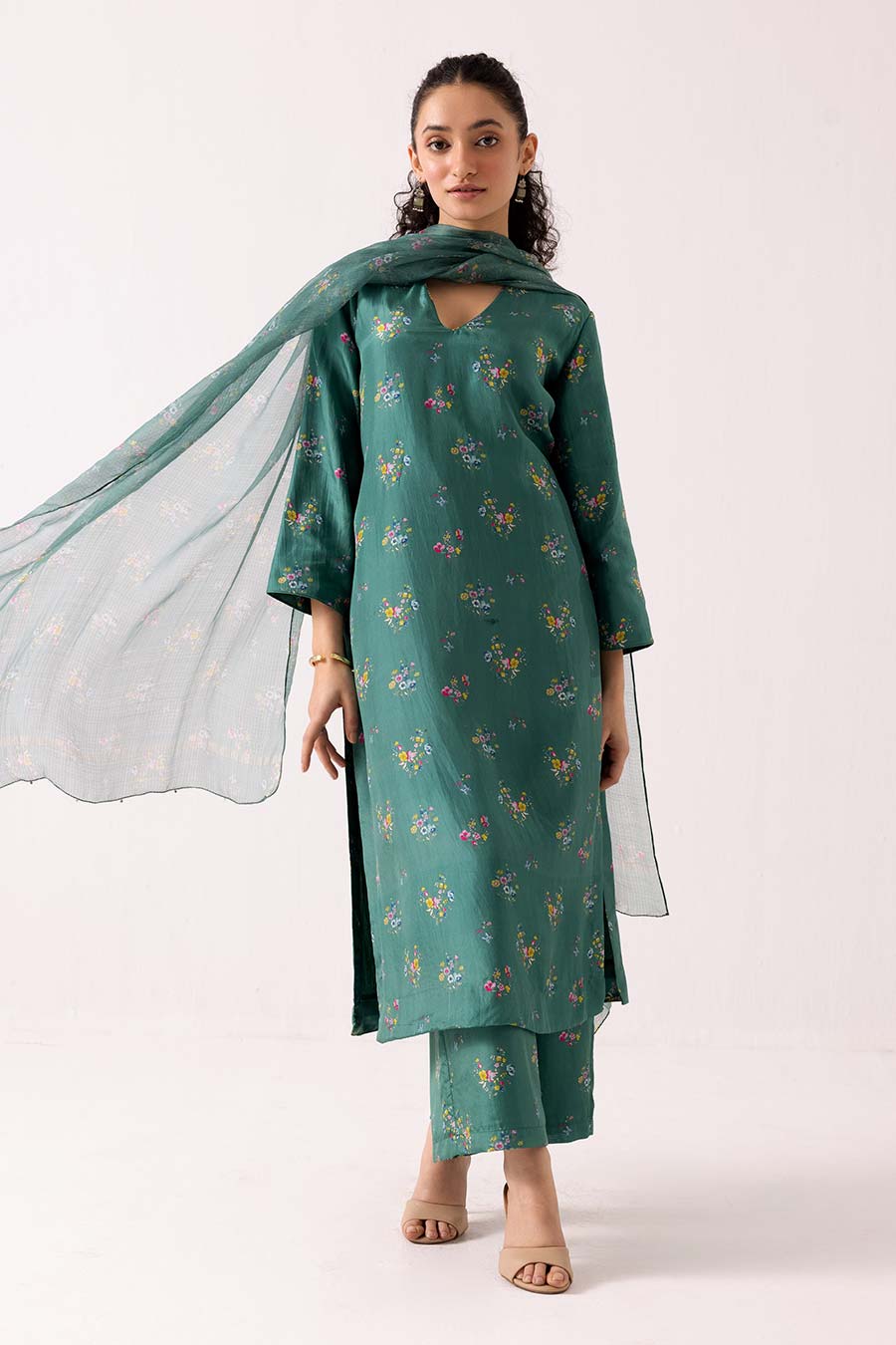 Green Floral Printed Kurta Set