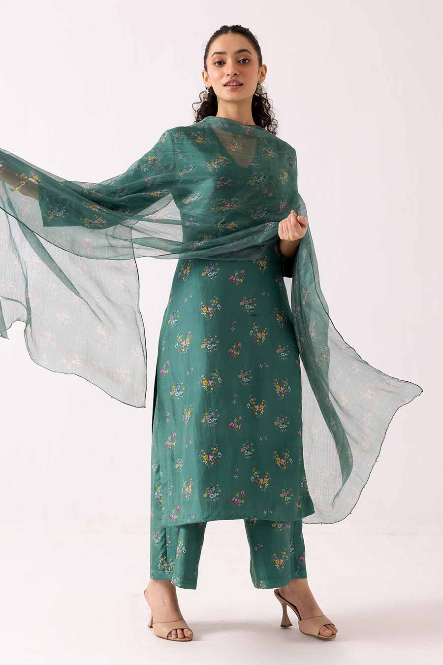 Green Floral Printed Kurta Set