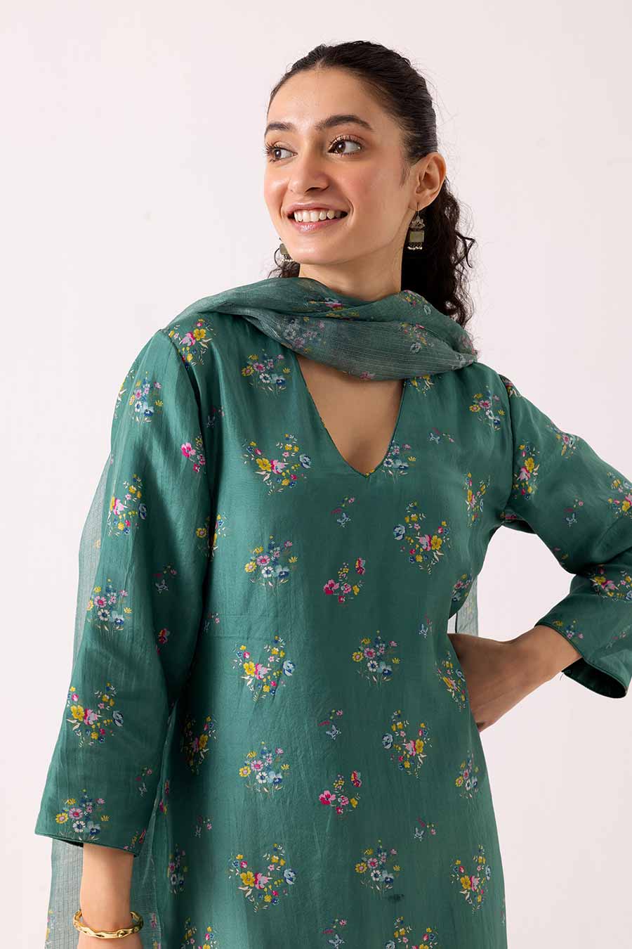 Green Floral Printed Kurta Set