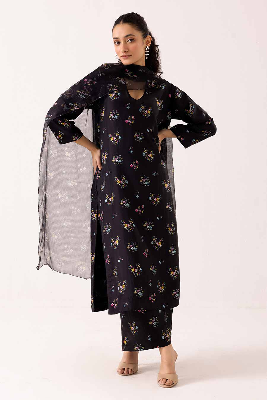 Black Floral Printed Kurta Set