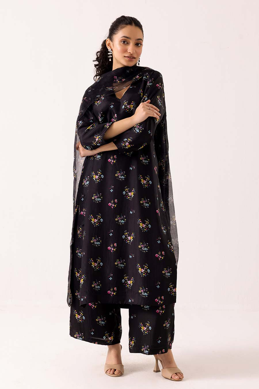 Black Floral Printed Kurta Set