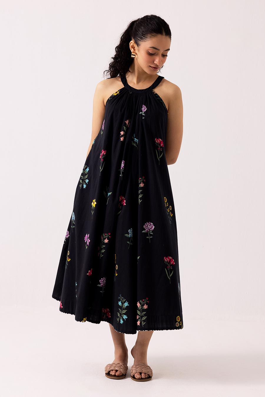 Black Printed Camellia Dress