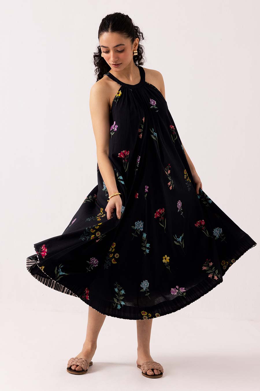 Black Printed Camellia Dress