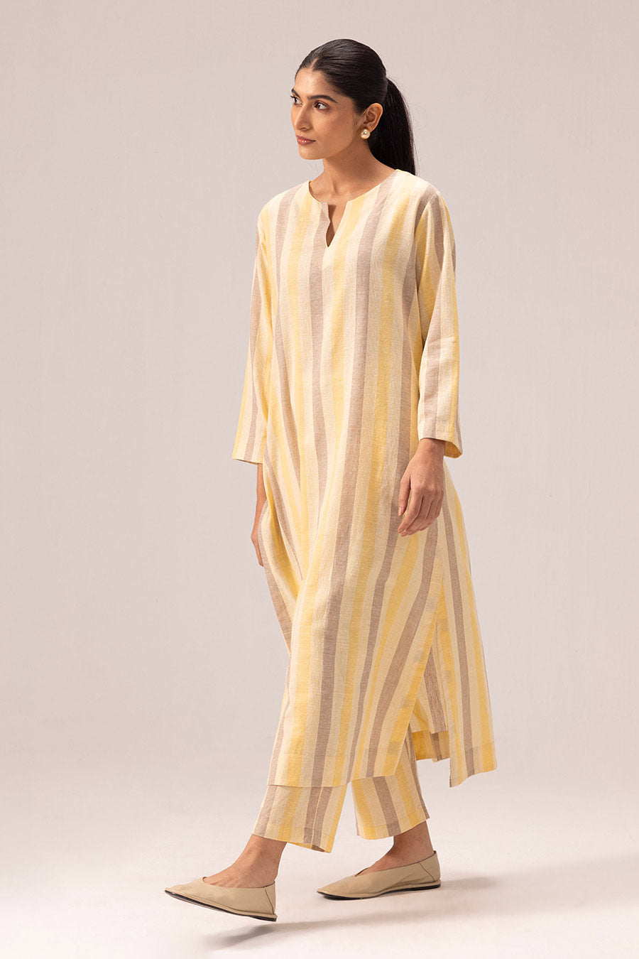 Yellow Riya Striped Long Kurta & Pant Set