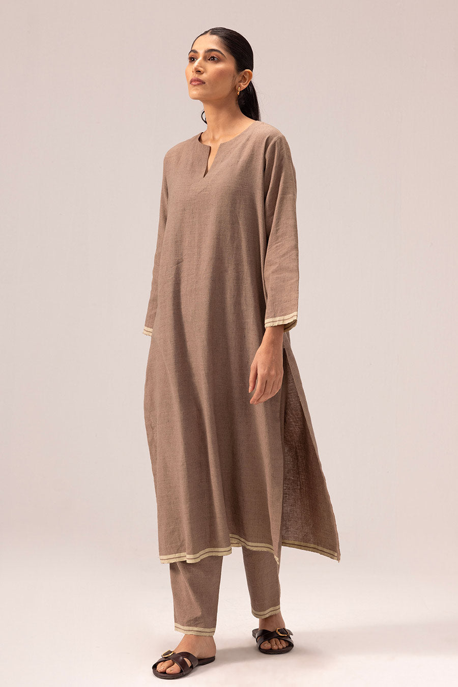 Brown Riya Linen Long Kurta & Pant Set