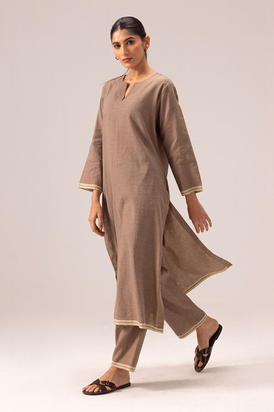 Brown Riya Linen Long Kurta & Pant Set