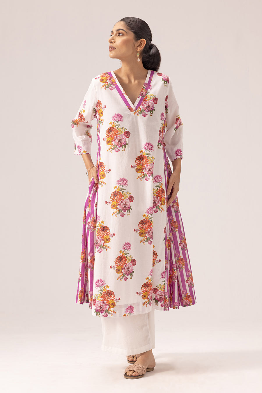 White & Pink Jia Printed Panelled Kurta Set