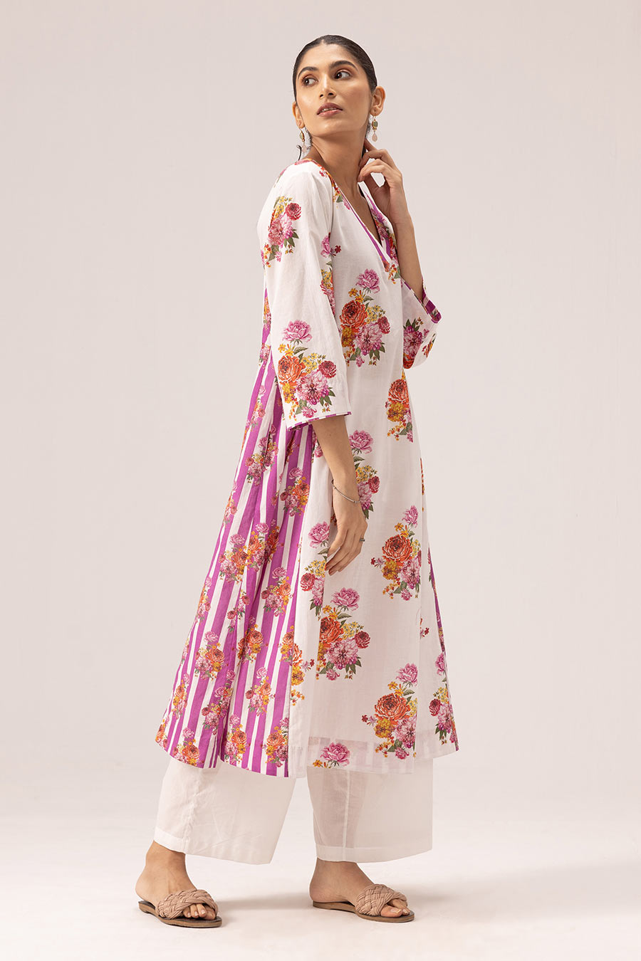 White & Pink Jia Printed Panelled Kurta Set